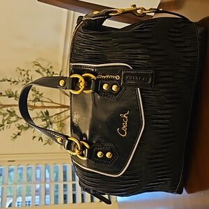 EUC Coach Ashley Gathered Satin & Patent Leather Convertible Black Bag